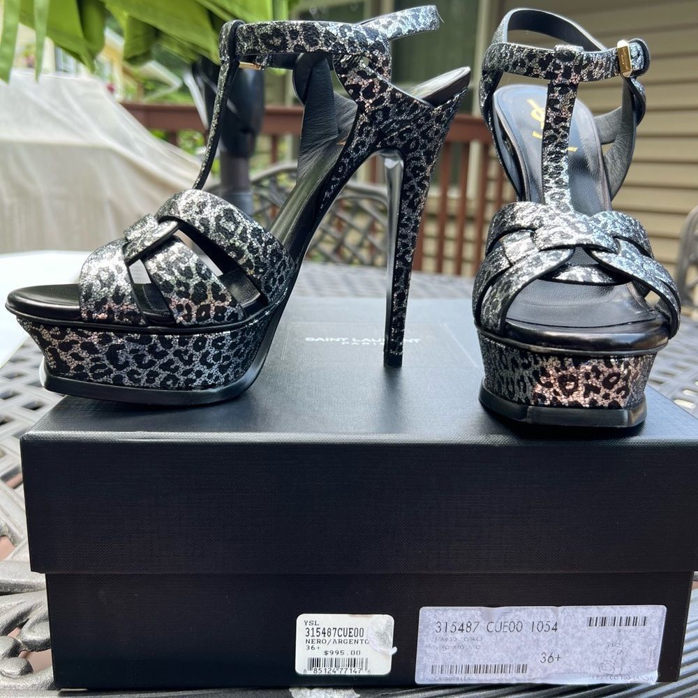 Saint Laurent YSL Leopard Print Metallic Tribute T Strap Platform Shoes 36.5/6